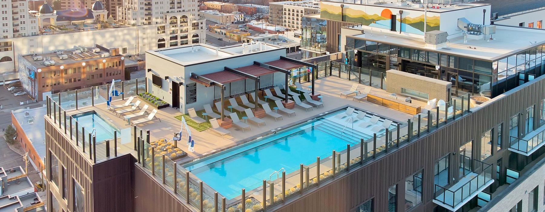 a high angle view of building pool